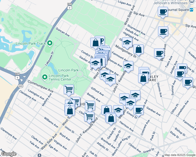 map of restaurants, bars, coffee shops, grocery stores, and more near 145 Kensington Avenue in Jersey City