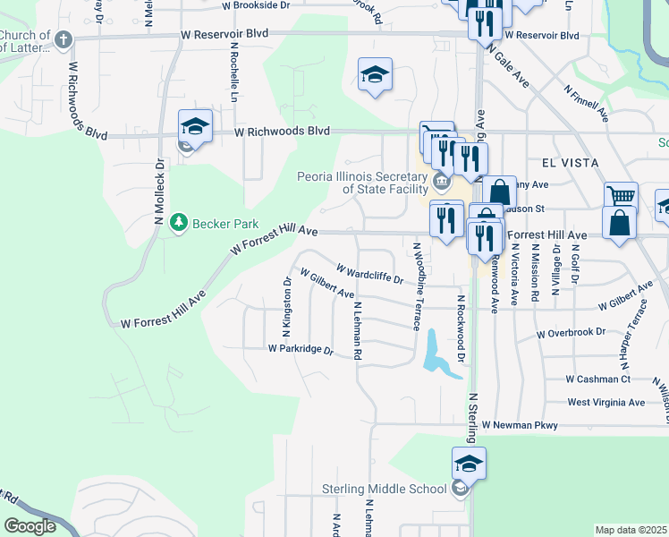 map of restaurants, bars, coffee shops, grocery stores, and more near 2920 West Wardcliffe Drive in Peoria