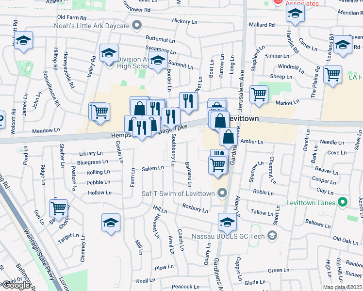 map of restaurants, bars, coffee shops, grocery stores, and more near 3144 Brixton Lane in Levittown