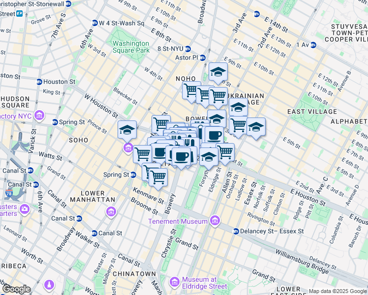 map of restaurants, bars, coffee shops, grocery stores, and more near Bowery & E Houston St in New York