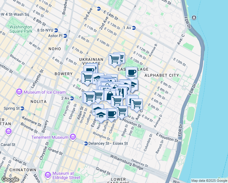 map of restaurants, bars, coffee shops, grocery stores, and more near 173 East 3rd Street in New York