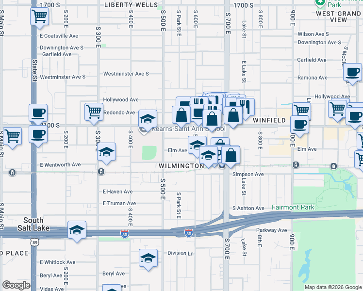 map of restaurants, bars, coffee shops, grocery stores, and more near 574 East Elm Avenue in Salt Lake City