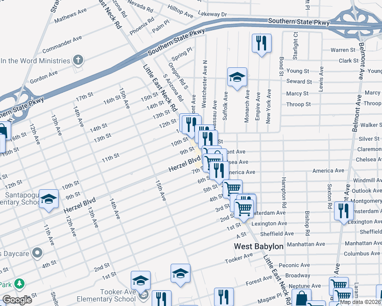 map of restaurants, bars, coffee shops, grocery stores, and more near 1558 Herzel Boulevard in West Babylon