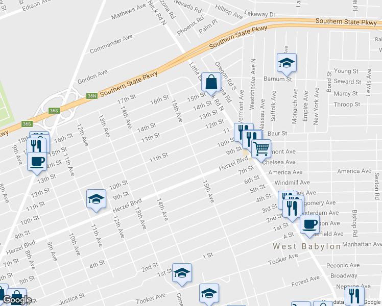 map of restaurants, bars, coffee shops, grocery stores, and more near 1476 9th Street in West Babylon