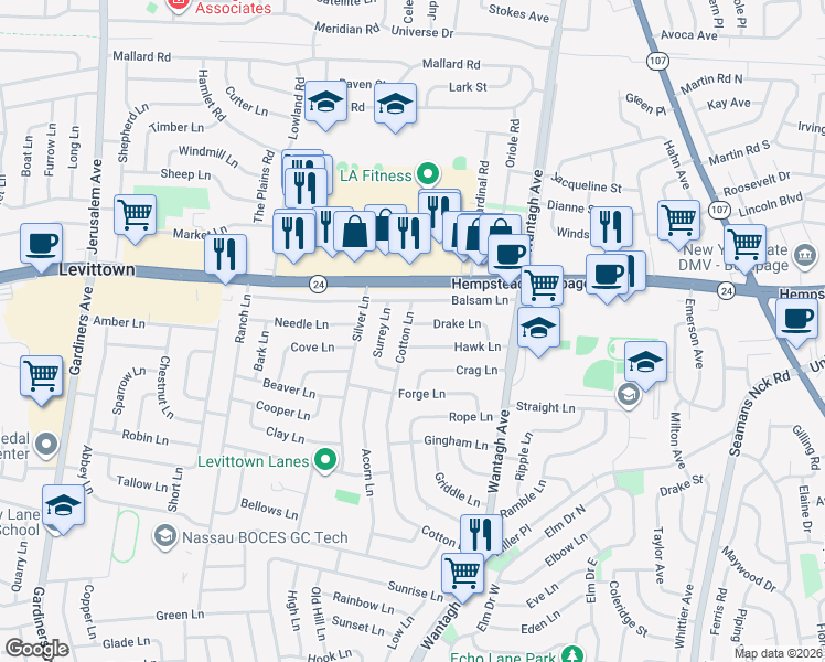 map of restaurants, bars, coffee shops, grocery stores, and more near 12 Hawk Lane in Levittown