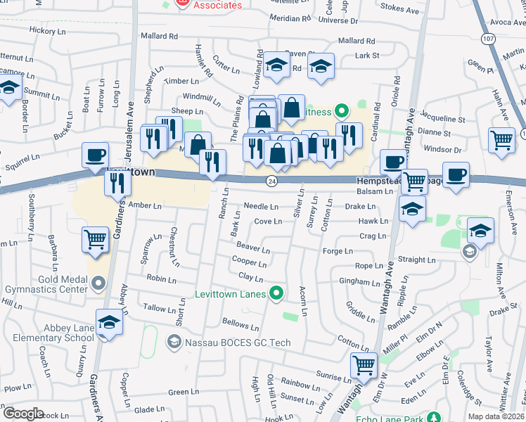 map of restaurants, bars, coffee shops, grocery stores, and more near 34 Cove Lane in Levittown
