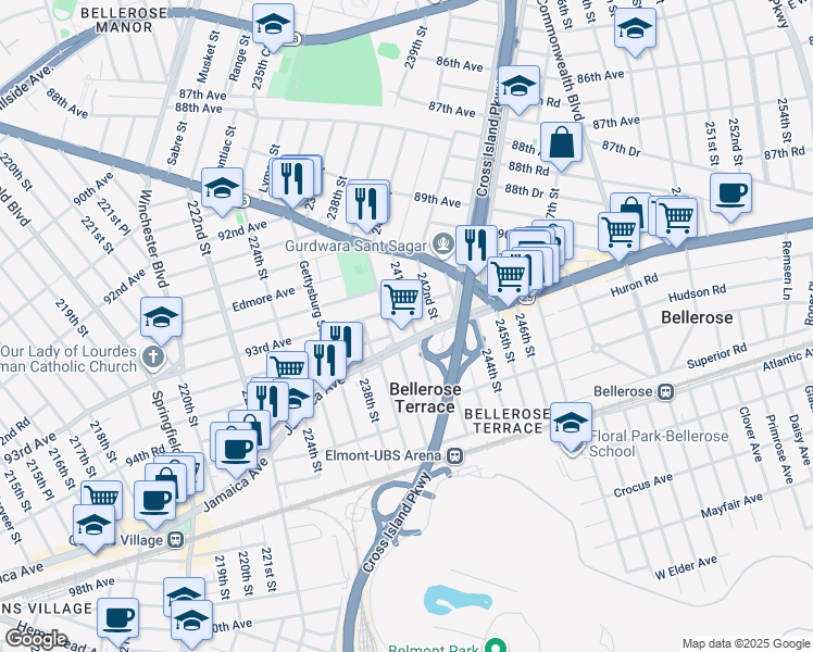 map of restaurants, bars, coffee shops, grocery stores, and more near 24040 Jamaica Avenue in Floral Park