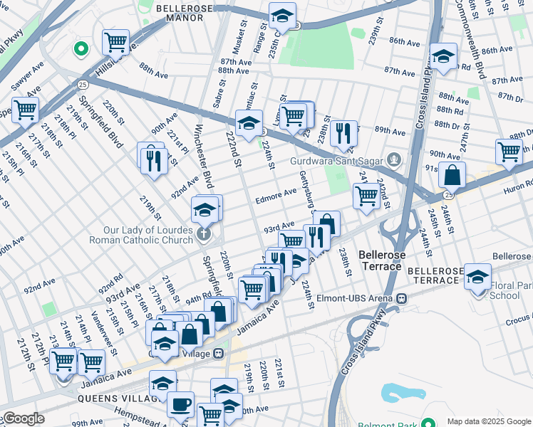 map of restaurants, bars, coffee shops, grocery stores, and more near 222-27 93rd Avenue in Queens