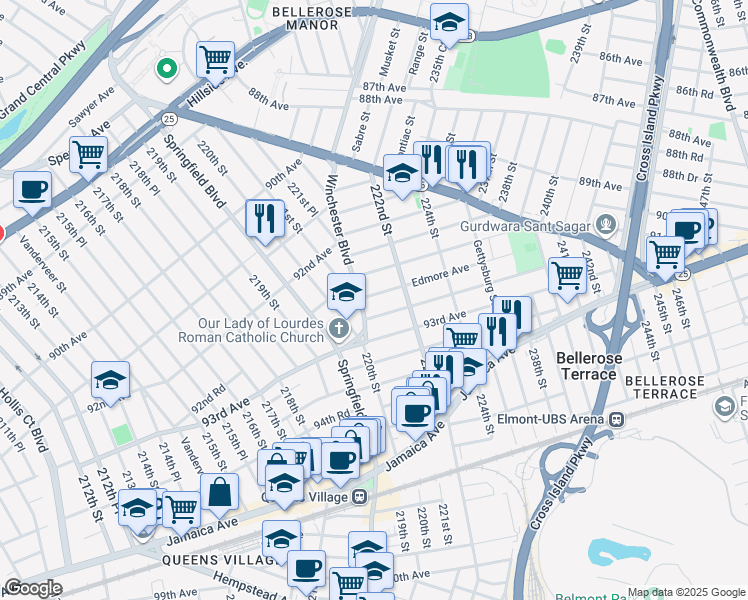 map of restaurants, bars, coffee shops, grocery stores, and more near 221-06 Fairbury Avenue in Queens