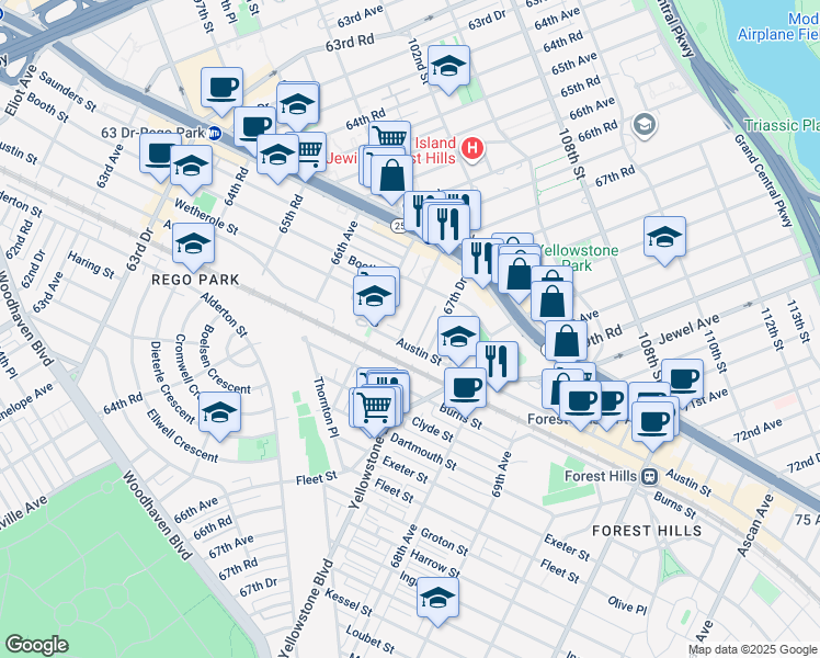 map of restaurants, bars, coffee shops, grocery stores, and more near in Queens