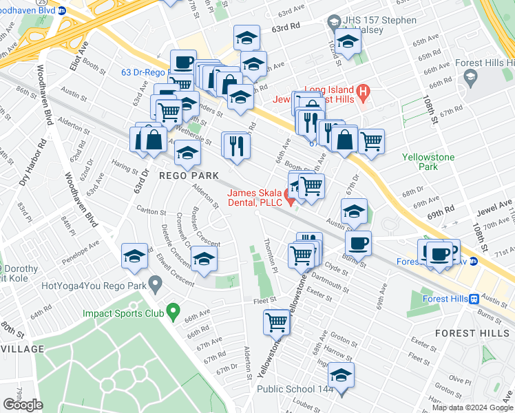 map of restaurants, bars, coffee shops, grocery stores, and more near 66-10 Thornton Place in Queens