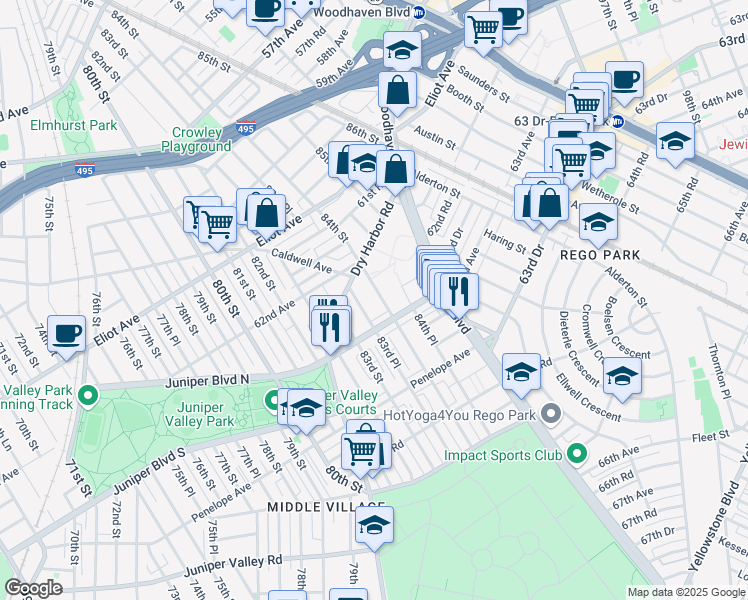 map of restaurants, bars, coffee shops, grocery stores, and more near 83-33 63rd Avenue in Queens