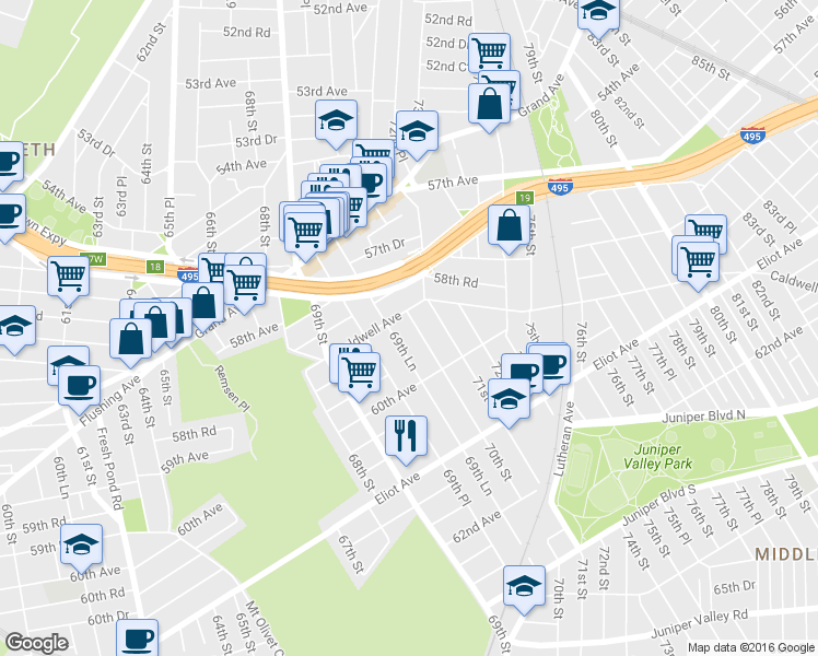 map of restaurants, bars, coffee shops, grocery stores, and more near 59-28 69th Lane in Queens