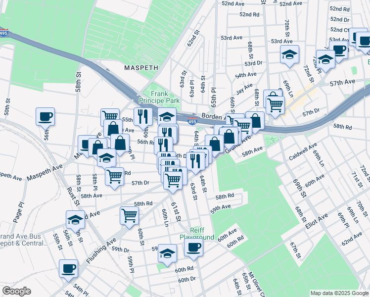 map of restaurants, bars, coffee shops, grocery stores, and more near 61-24 56th Drive in Queens