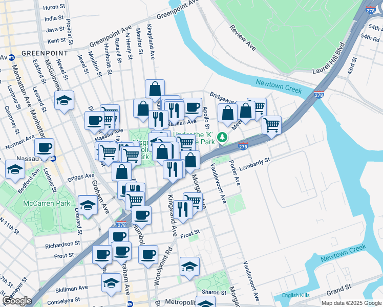 map of restaurants, bars, coffee shops, grocery stores, and more near 23 Driggs Avenue in Brooklyn