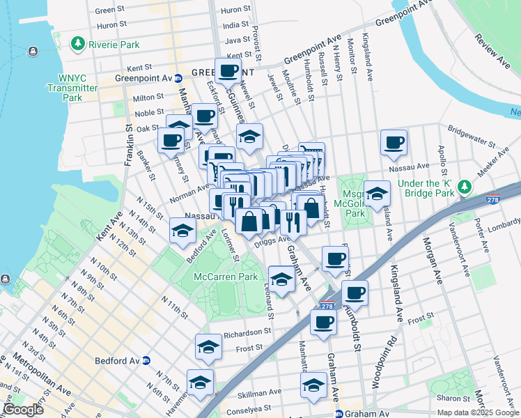map of restaurants, bars, coffee shops, grocery stores, and more near 112 Eckford Street in Brooklyn