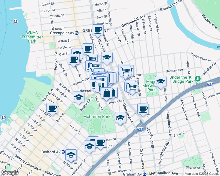 map of restaurants, bars, coffee shops, grocery stores, and more near 541 Leonard Street in Brooklyn