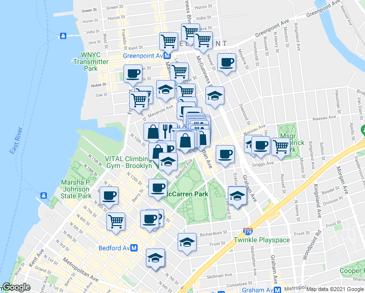 map of restaurants, bars, coffee shops, grocery stores, and more near 63 Guernsey Street in Brooklyn