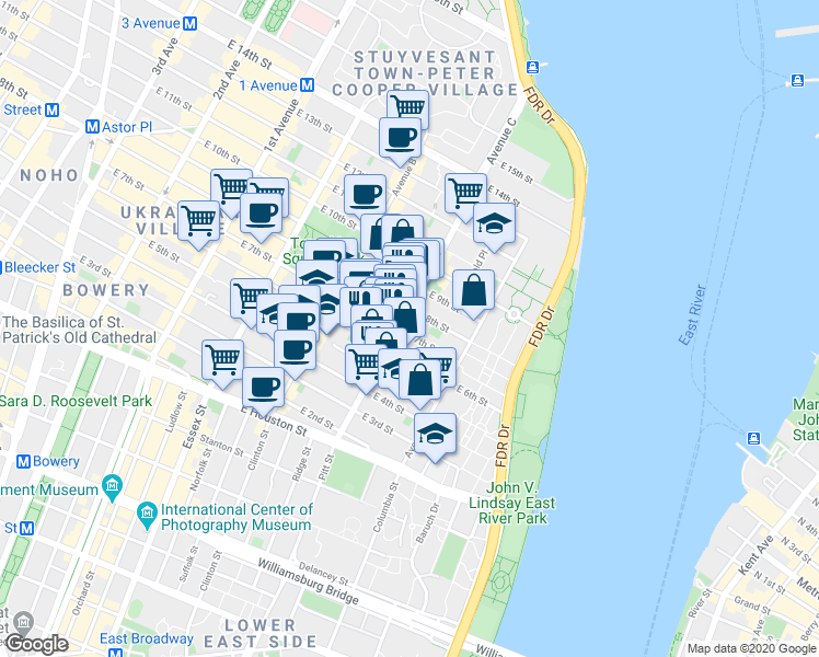 map of restaurants, bars, coffee shops, grocery stores, and more near 19 Loisaida Avenue in New York