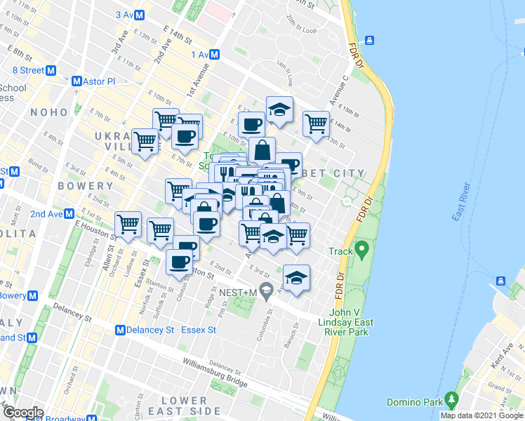 map of restaurants, bars, coffee shops, grocery stores, and more near 99-103 Loisaida Avenue in New York