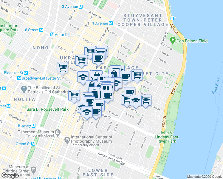 map of restaurants, bars, coffee shops, grocery stores, and more near 50-52 Avenue B in New York