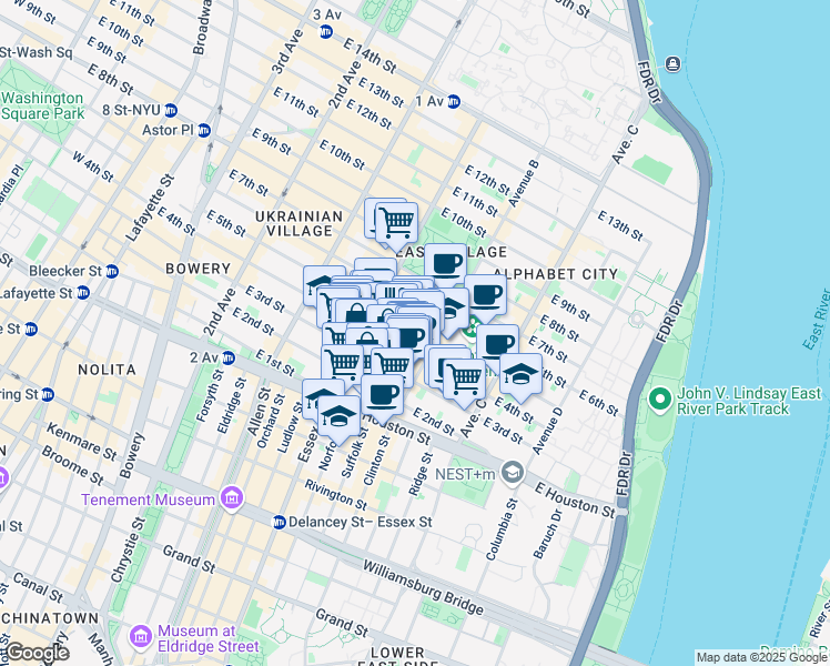 map of restaurants, bars, coffee shops, grocery stores, and more near 50-52 Avenue B in New York