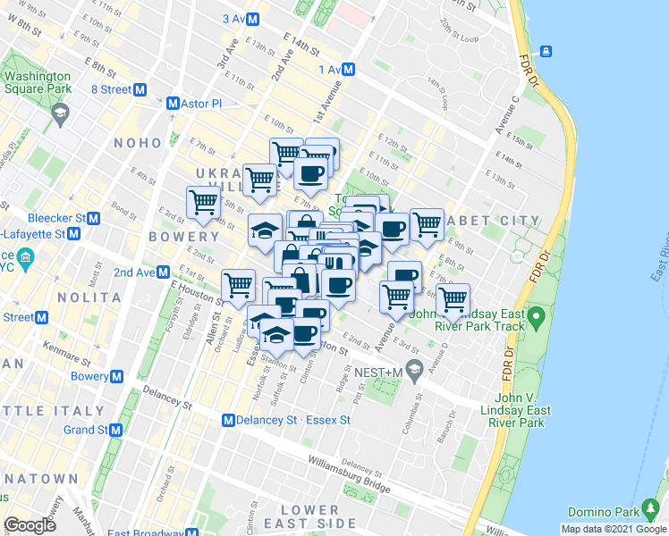 map of restaurants, bars, coffee shops, grocery stores, and more near 50-52 Avenue B in New York