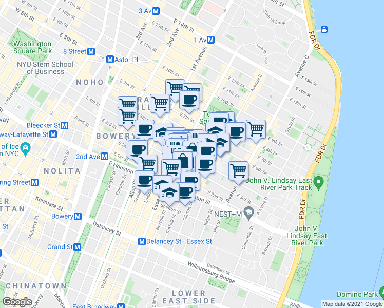 map of restaurants, bars, coffee shops, grocery stores, and more near 173 East 3rd Street in New York