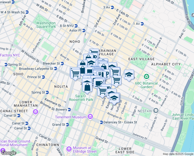 map of restaurants, bars, coffee shops, grocery stores, and more near 46 East 1st Street in New York