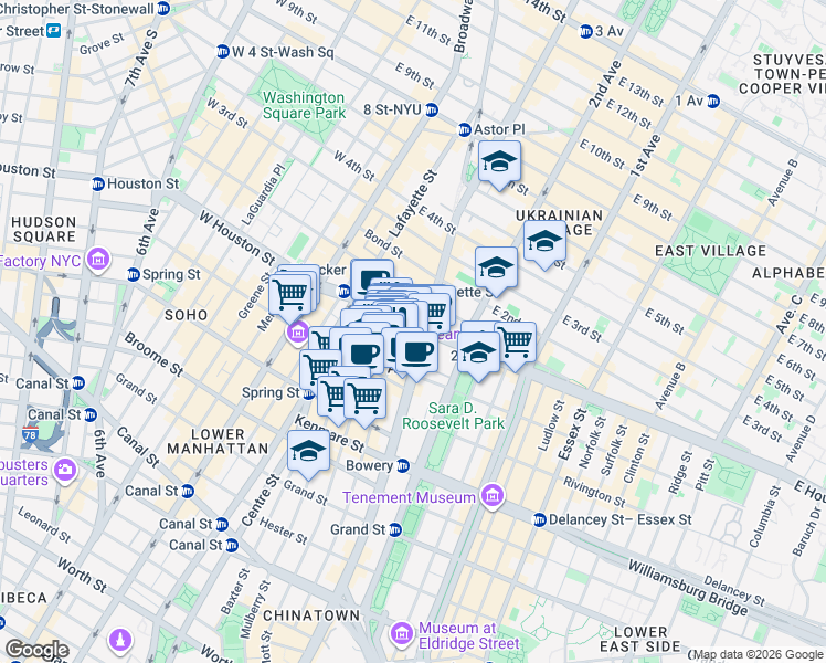 map of restaurants, bars, coffee shops, grocery stores, and more near 259 Elizabeth Street in New York