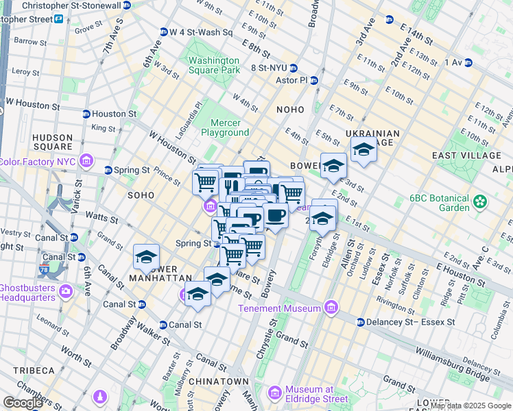 map of restaurants, bars, coffee shops, grocery stores, and more near 19 Prince Street in New York