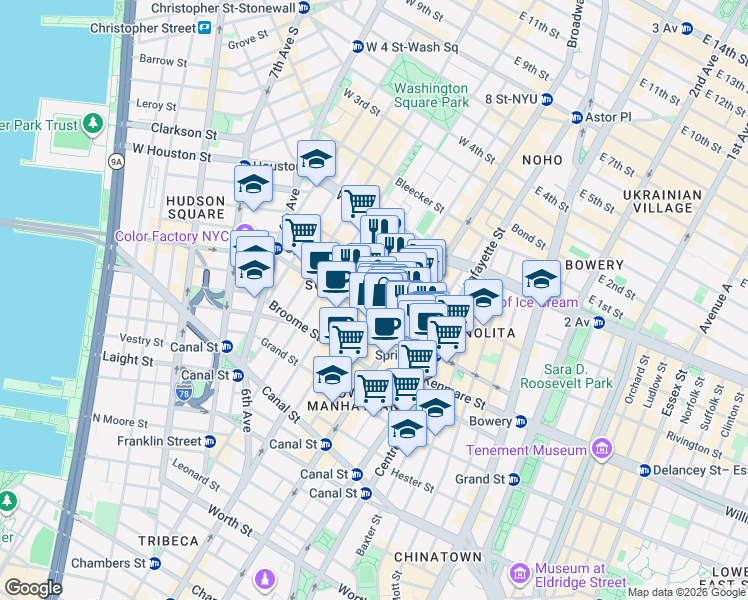 map of restaurants, bars, coffee shops, grocery stores, and more near 525 Broadway in New York