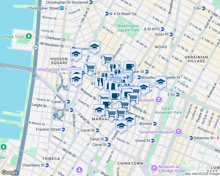map of restaurants, bars, coffee shops, grocery stores, and more near 525 Broadway in New York