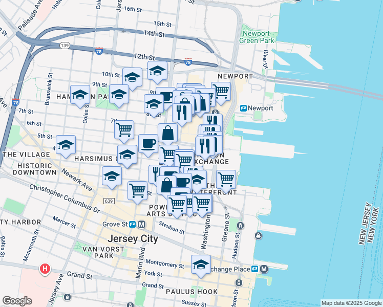 map of restaurants, bars, coffee shops, grocery stores, and more near 444 Warren Street in Jersey City