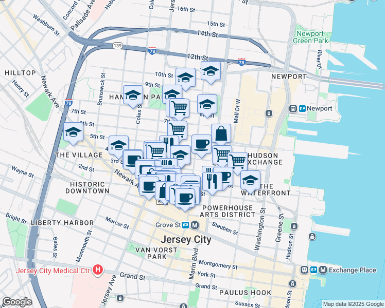 map of restaurants, bars, coffee shops, grocery stores, and more near 204 3rd Street in Jersey City