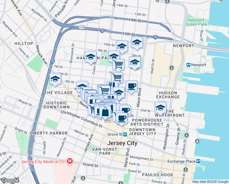 map of restaurants, bars, coffee shops, grocery stores, and more near 234 3rd Street in Jersey City