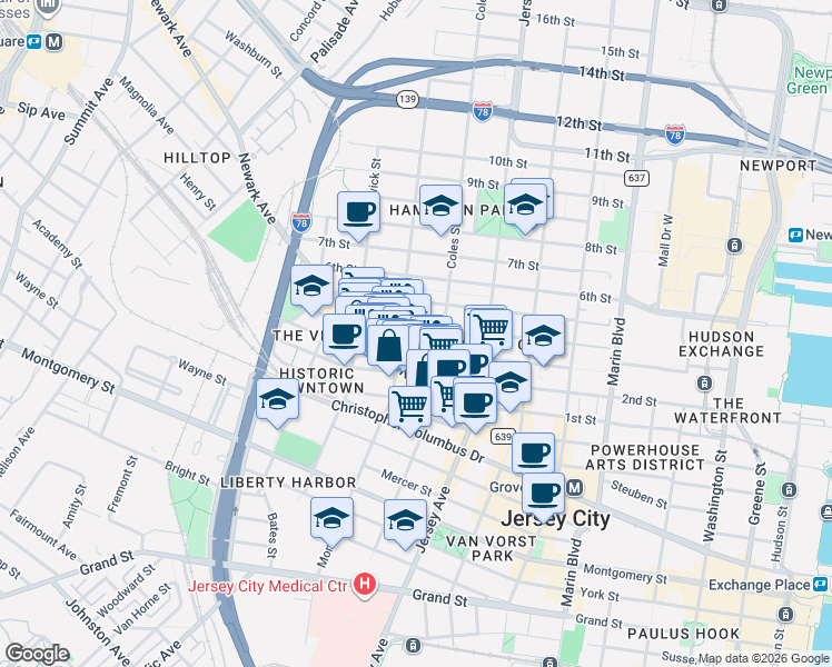 map of restaurants, bars, coffee shops, grocery stores, and more near 323 3rd Street in Jersey City