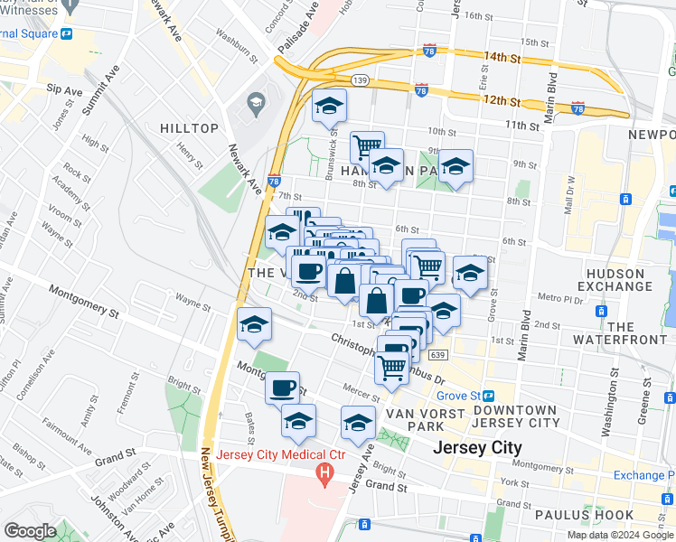 map of restaurants, bars, coffee shops, grocery stores, and more near 394 2nd Street in Jersey City