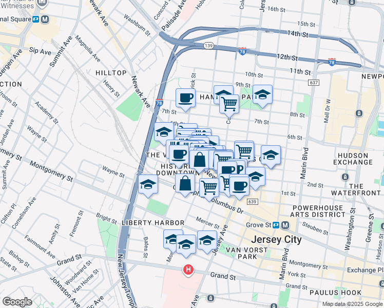 map of restaurants, bars, coffee shops, grocery stores, and more near 394 2nd Street in Jersey City