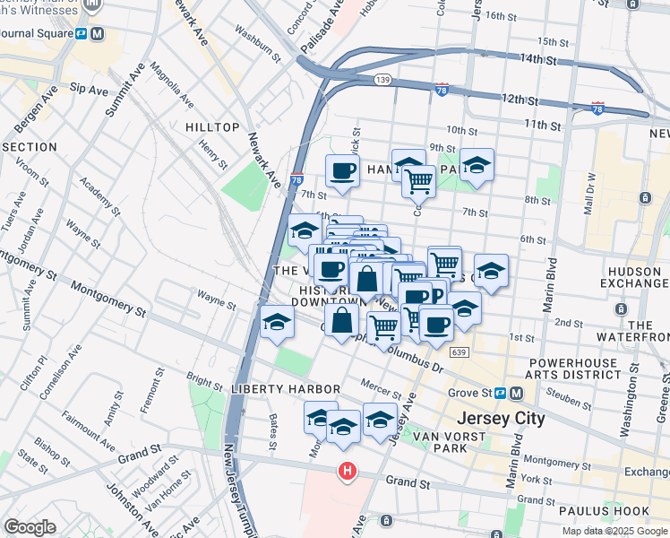 map of restaurants, bars, coffee shops, grocery stores, and more near 394 2nd Street in Jersey City