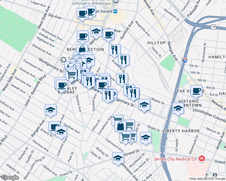 map of restaurants, bars, coffee shops, grocery stores, and more near in Jersey City