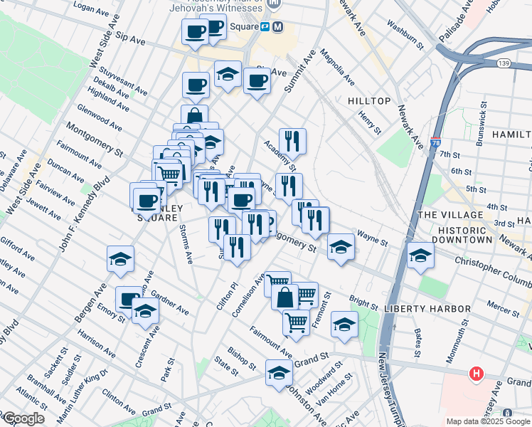 map of restaurants, bars, coffee shops, grocery stores, and more near 608 Montgomery Street in Jersey City