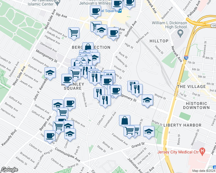 map of restaurants, bars, coffee shops, grocery stores, and more near 50 Baldwin Avenue in Jersey City