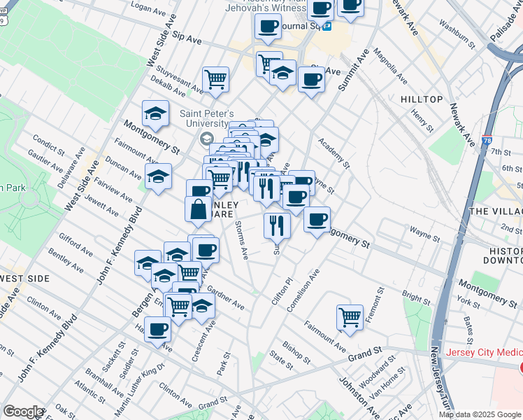 map of restaurants, bars, coffee shops, grocery stores, and more near 29 Orchard Street in Jersey City