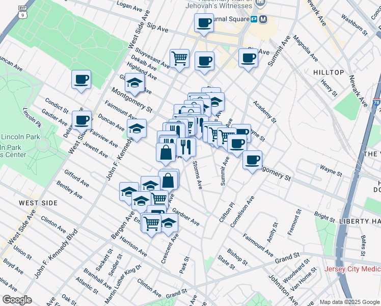map of restaurants, bars, coffee shops, grocery stores, and more near 254 Monticello Avenue in Jersey City