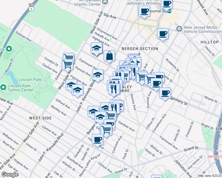 map of restaurants, bars, coffee shops, grocery stores, and more near 74 Fairview Avenue in Jersey City
