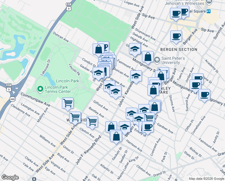 map of restaurants, bars, coffee shops, grocery stores, and more near 94 Kensington Avenue in Jersey City