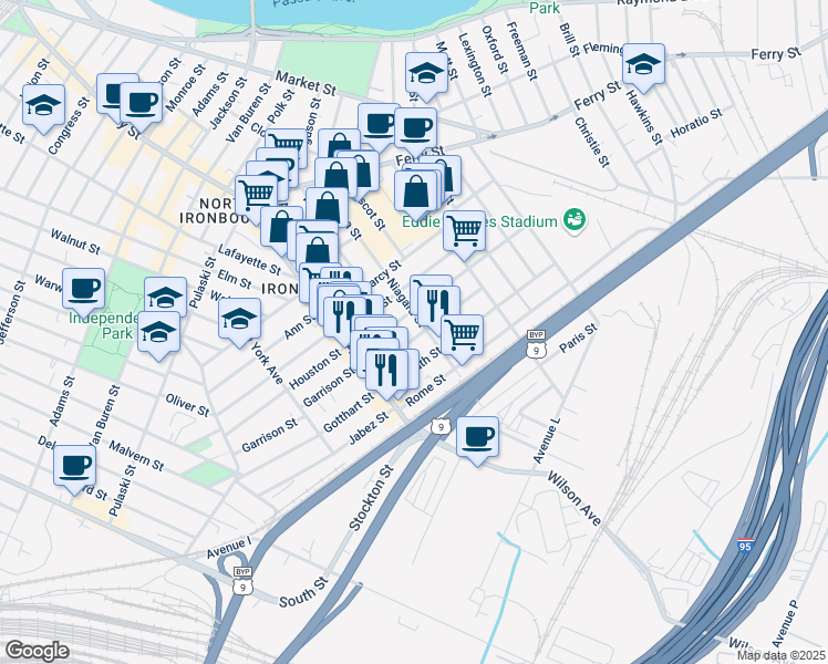map of restaurants, bars, coffee shops, grocery stores, and more near 30 Barbara Street in Newark