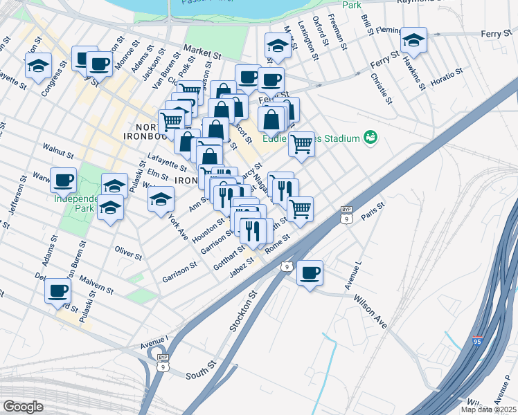 map of restaurants, bars, coffee shops, grocery stores, and more near 30 Barbara Street in Newark