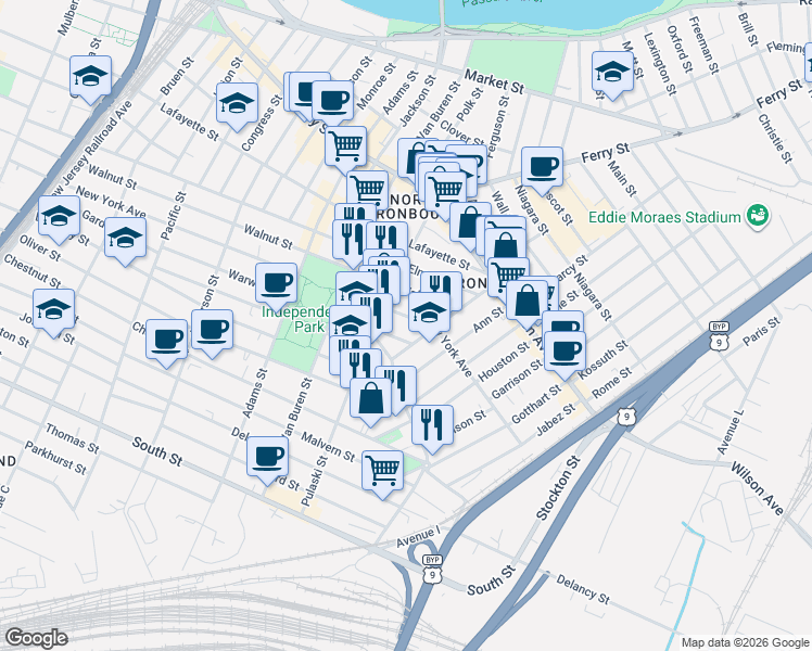 map of restaurants, bars, coffee shops, grocery stores, and more near 205 Warwick Street in Newark